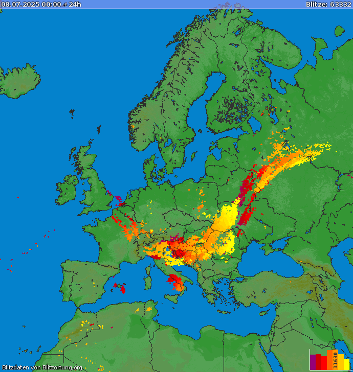 Lightning map Europe 2025-07-08