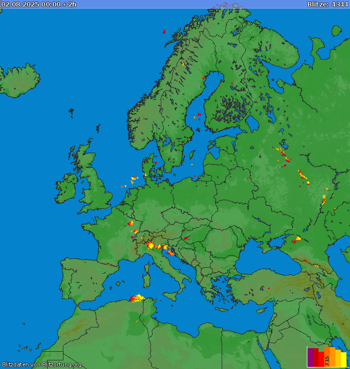 Lightning map Europe 2025-08-02 (Animation)