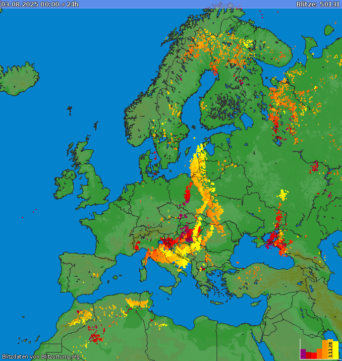Lightning map Europe 2025-08-03